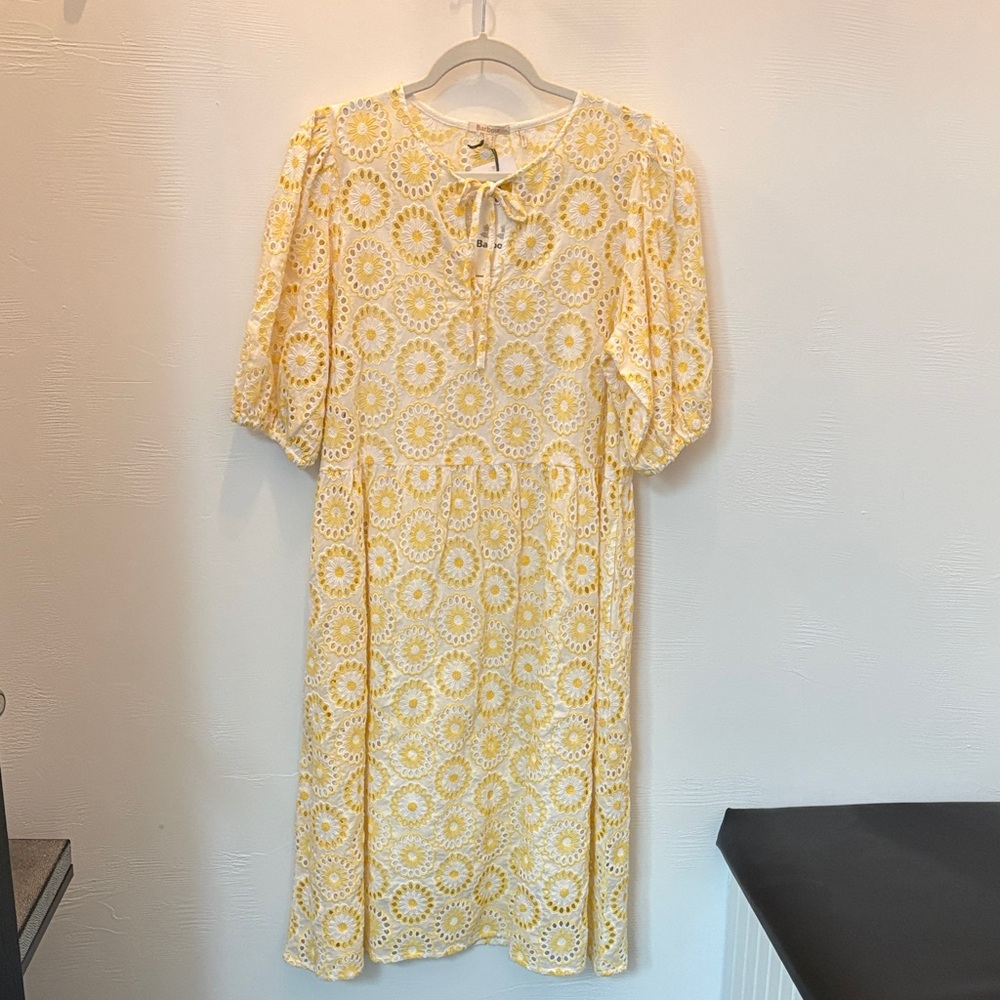 Barbour Yellow Eyelet Midi Dress with Tie Neckline